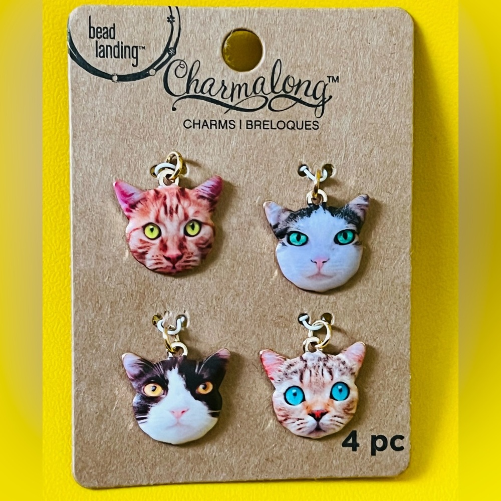 Charmalong set 4 Cat Rhodium Charm Bead Landing tabby calico kitty face NEW